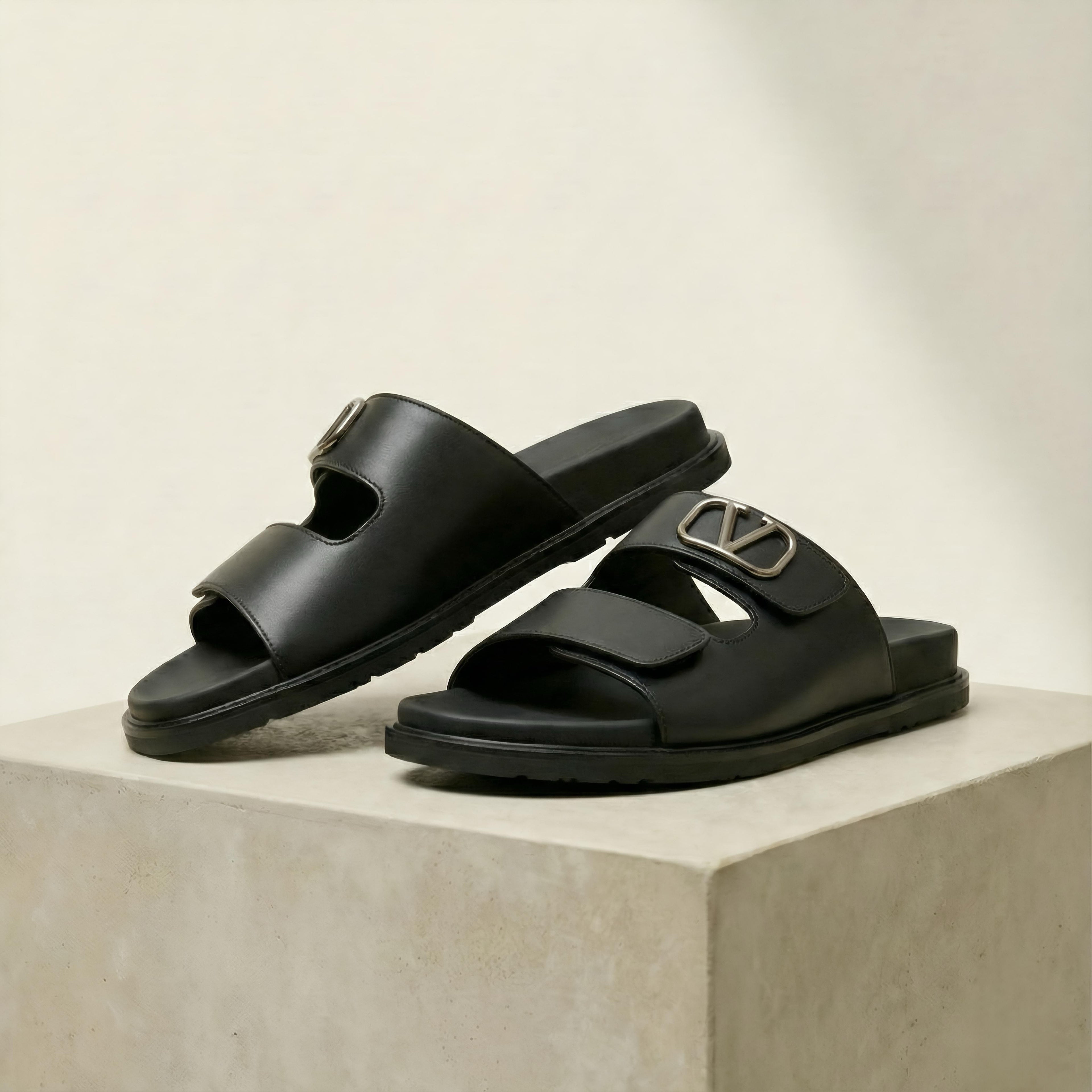 Vltn Leather Slides (Black) Genuine Cow Leather