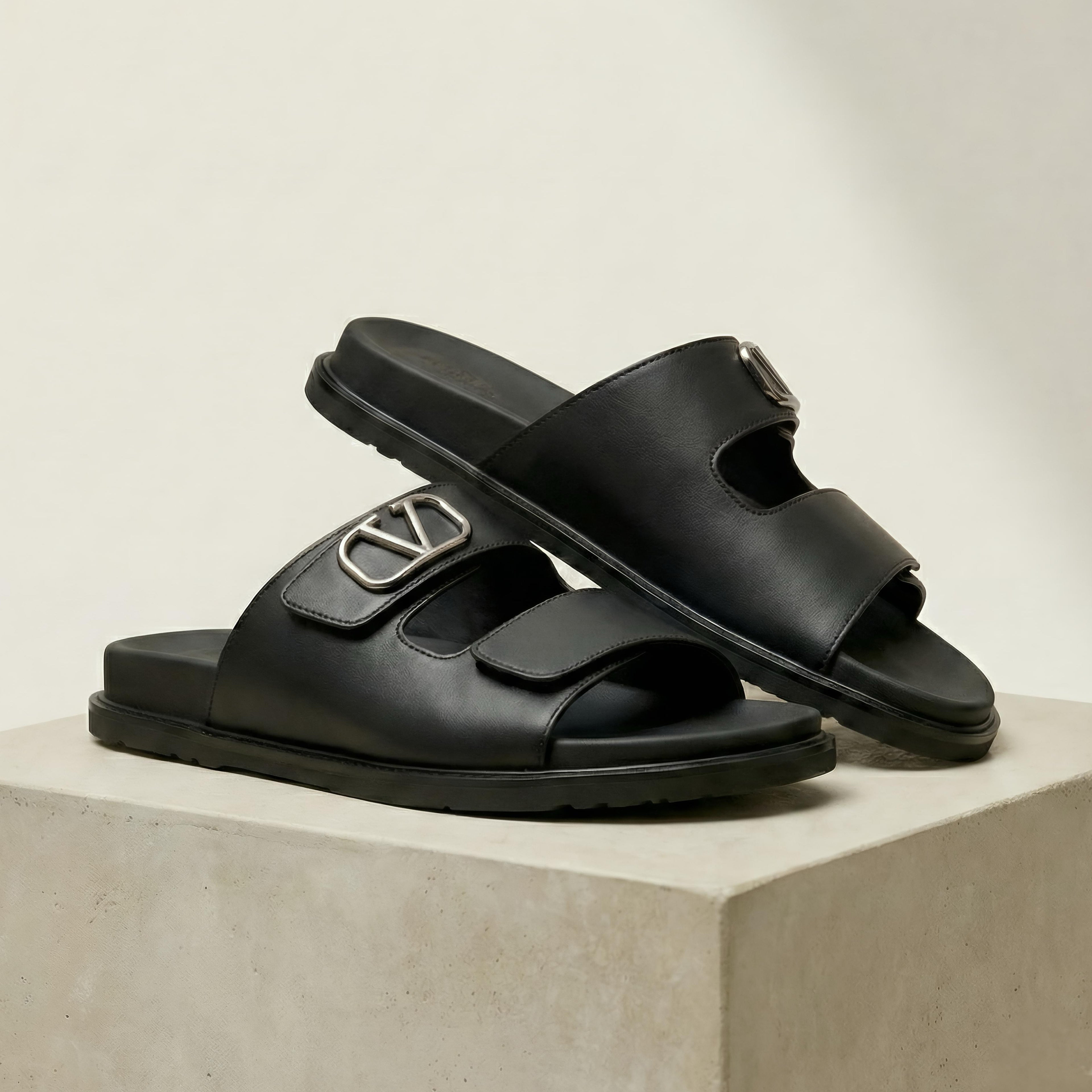 Vltn Leather Slides (Black) Genuine Cow Leather