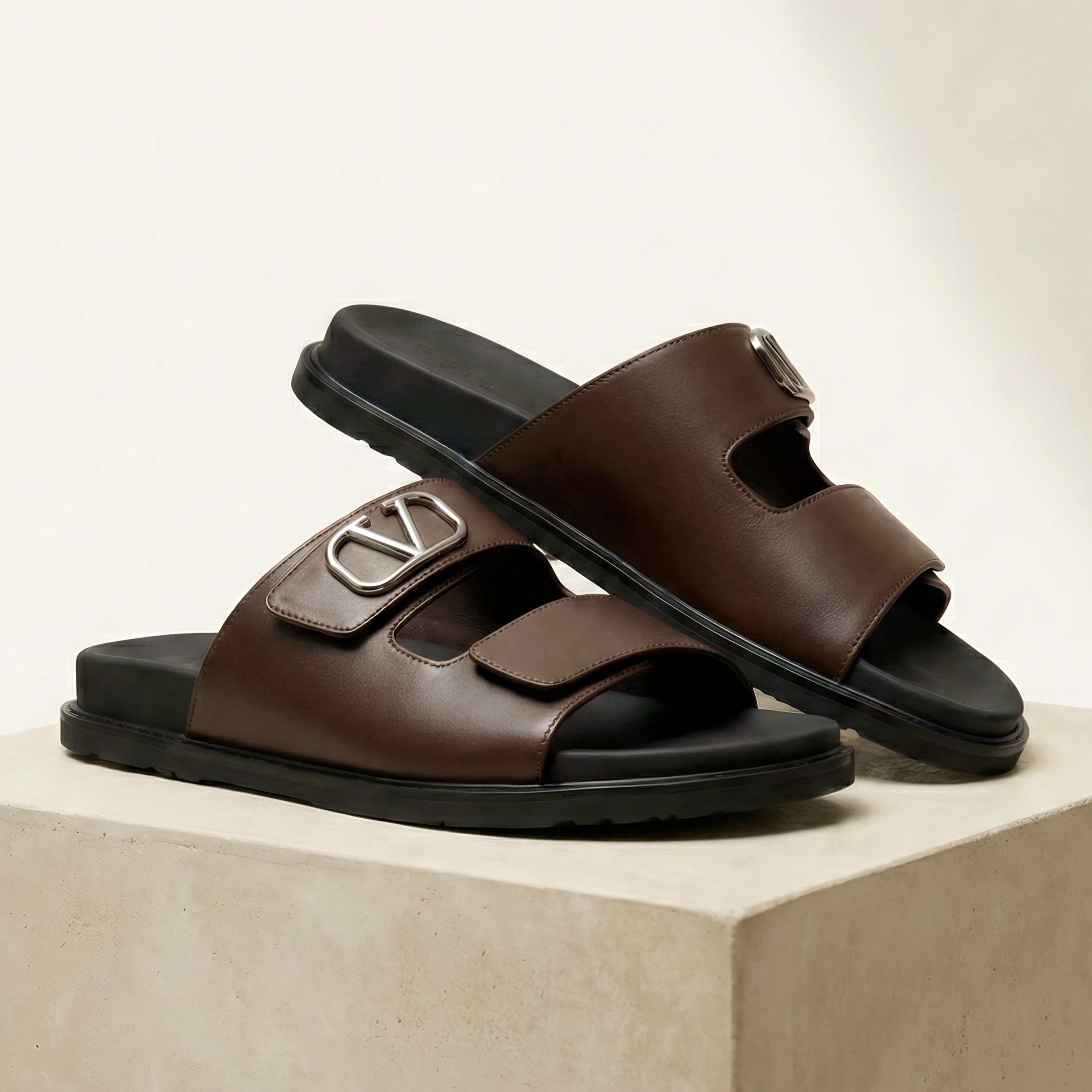 Vltn Leather Slides (Dark Brown) Genuine Cow Leather