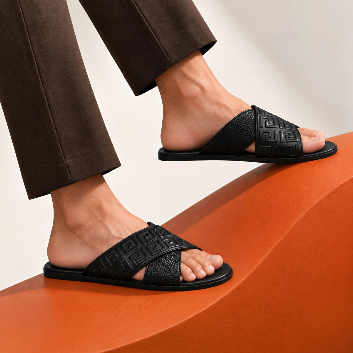 Greca Pattern Slides (Black) - ShoesRepublic