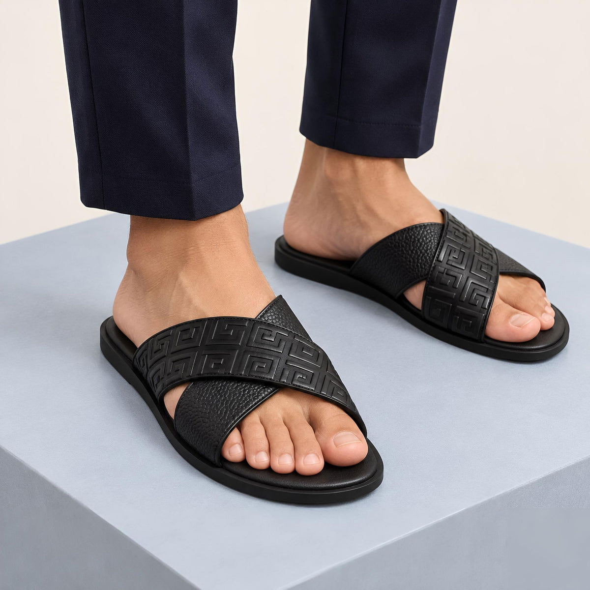 Greca Pattern Slides (Black) - ShoesRepublic