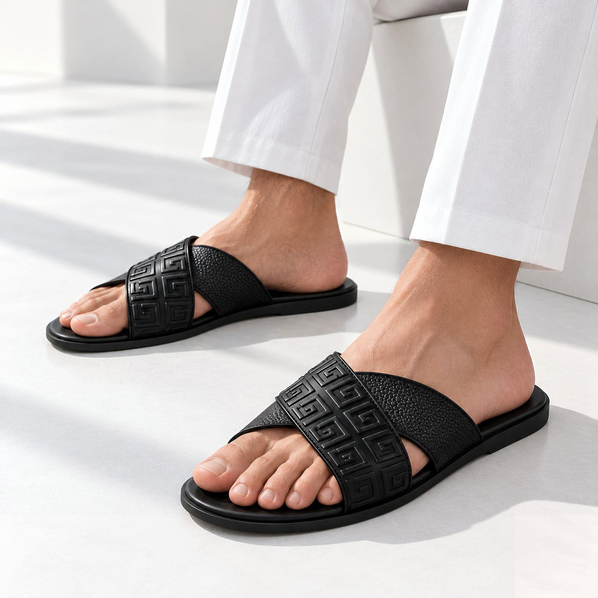 Greca Pattern Slides (Black) - ShoesRepublic