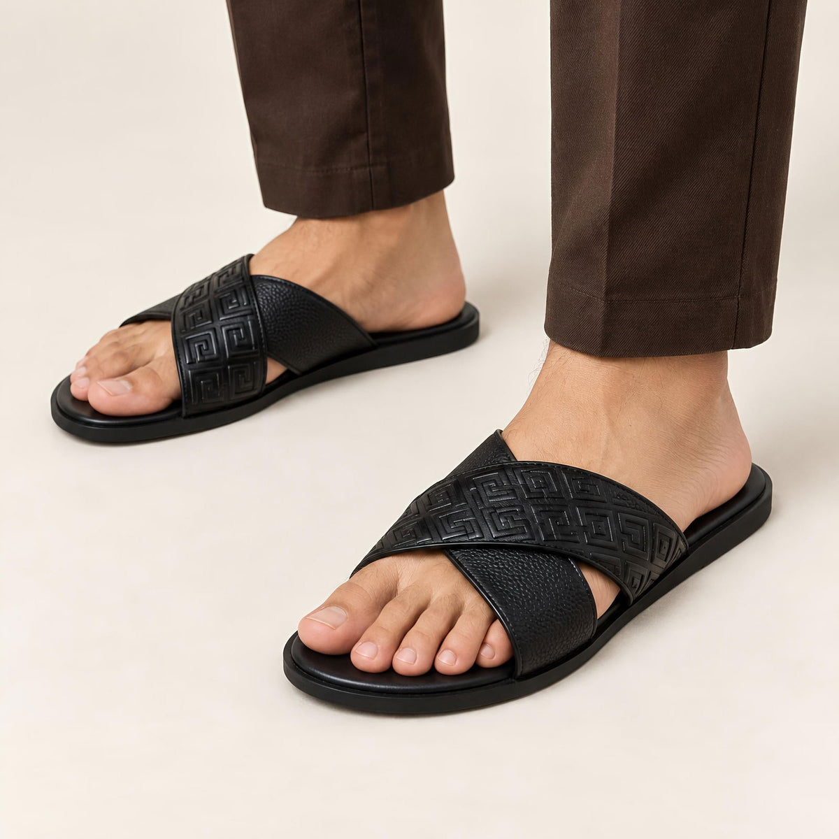 Greca Pattern Slides (Black) - ShoesRepublic