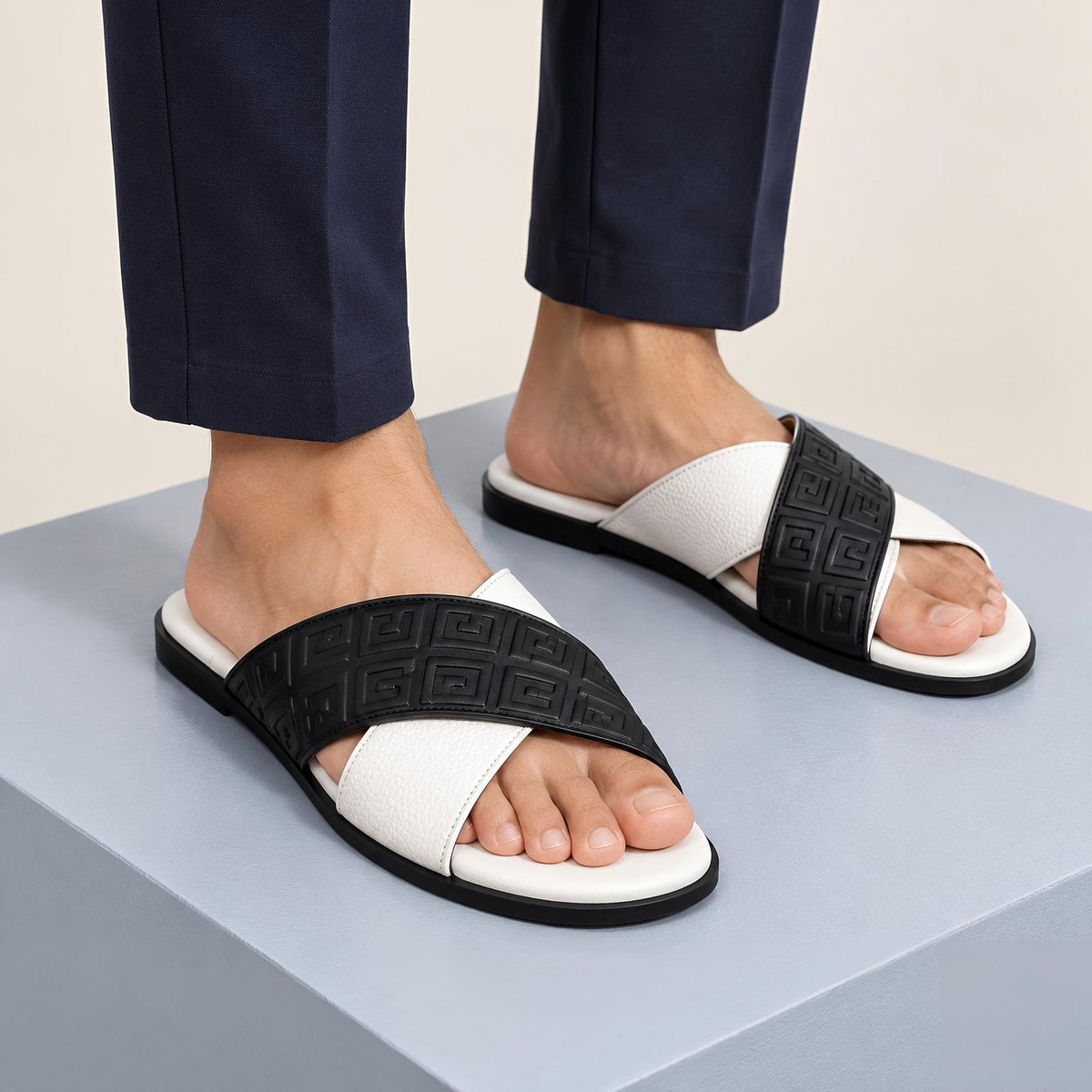 Greca Pattern Slides (White Black) - ShoesRepublic