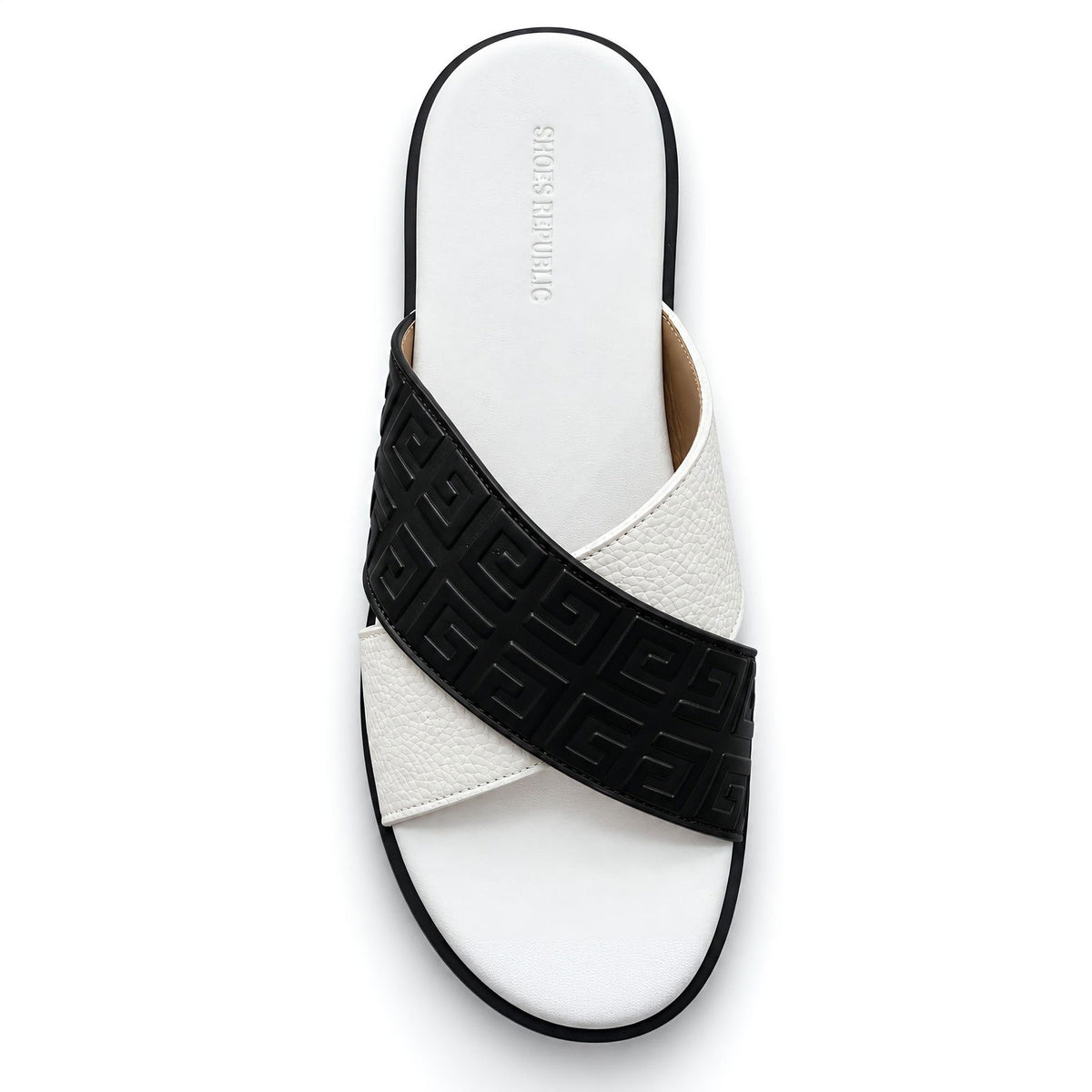 Greca Pattern Slides (White Black) - ShoesRepublic
