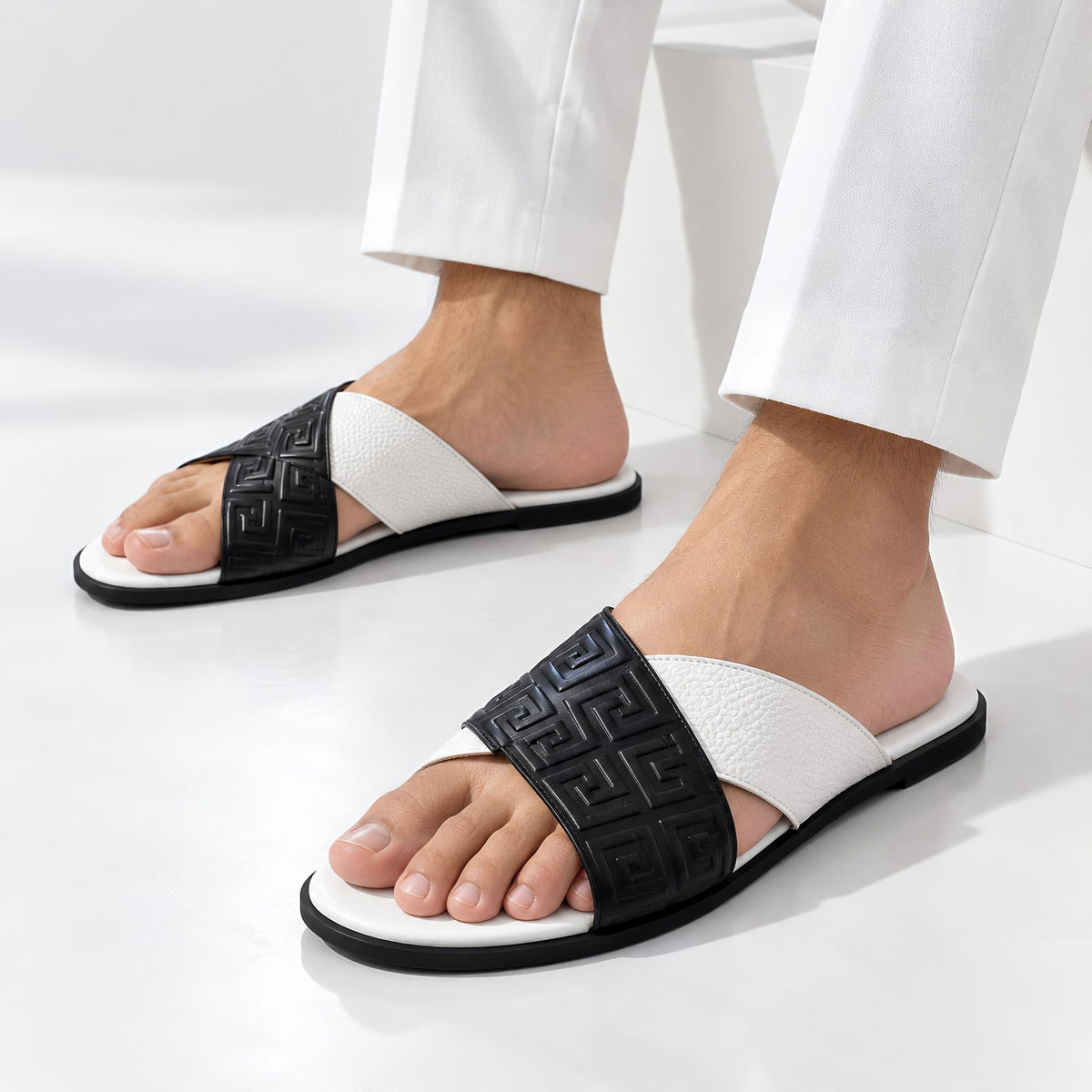 Greca Pattern Slides (White Black) - ShoesRepublic