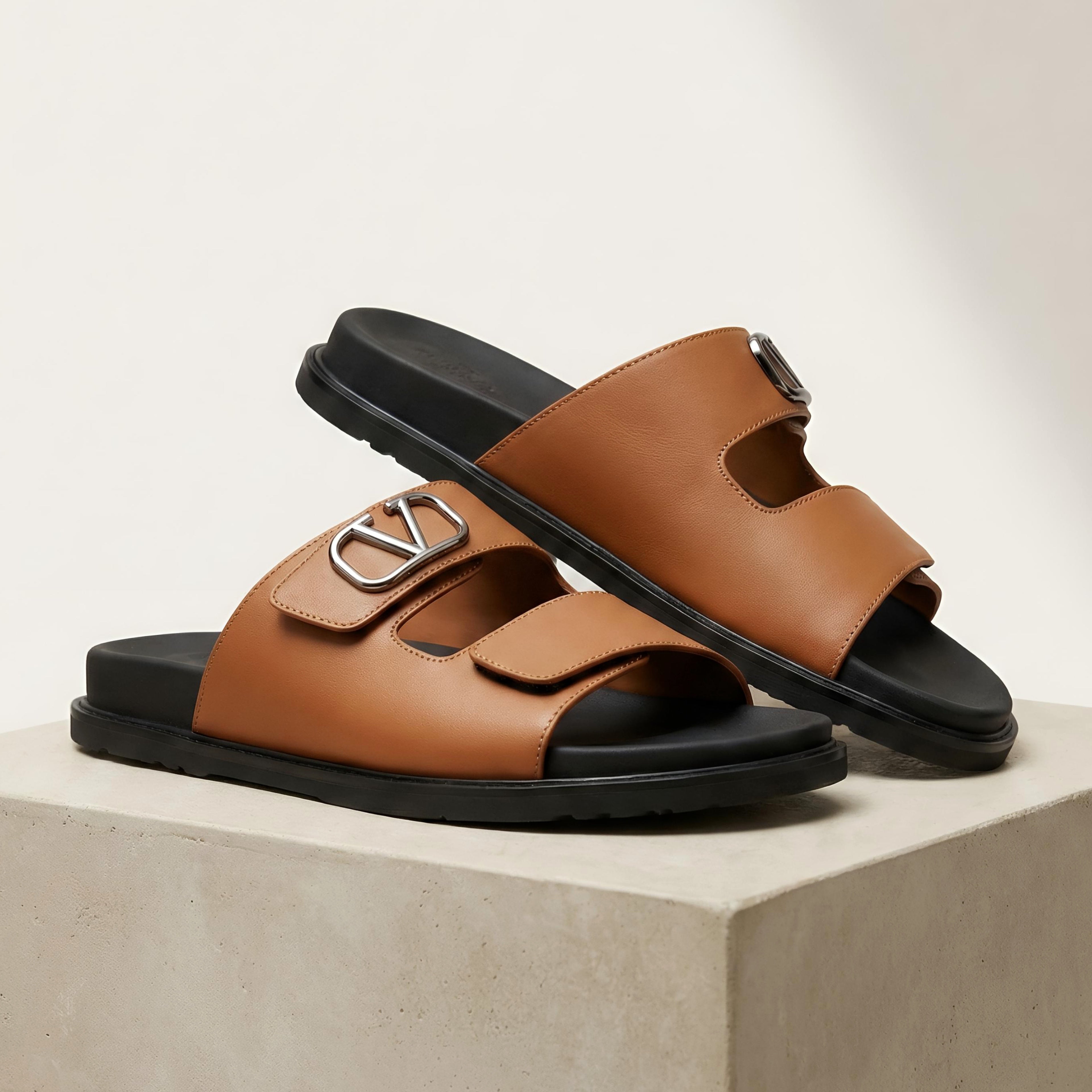 Vltn Leather Slides (Mustard) Genuine Cow Leather