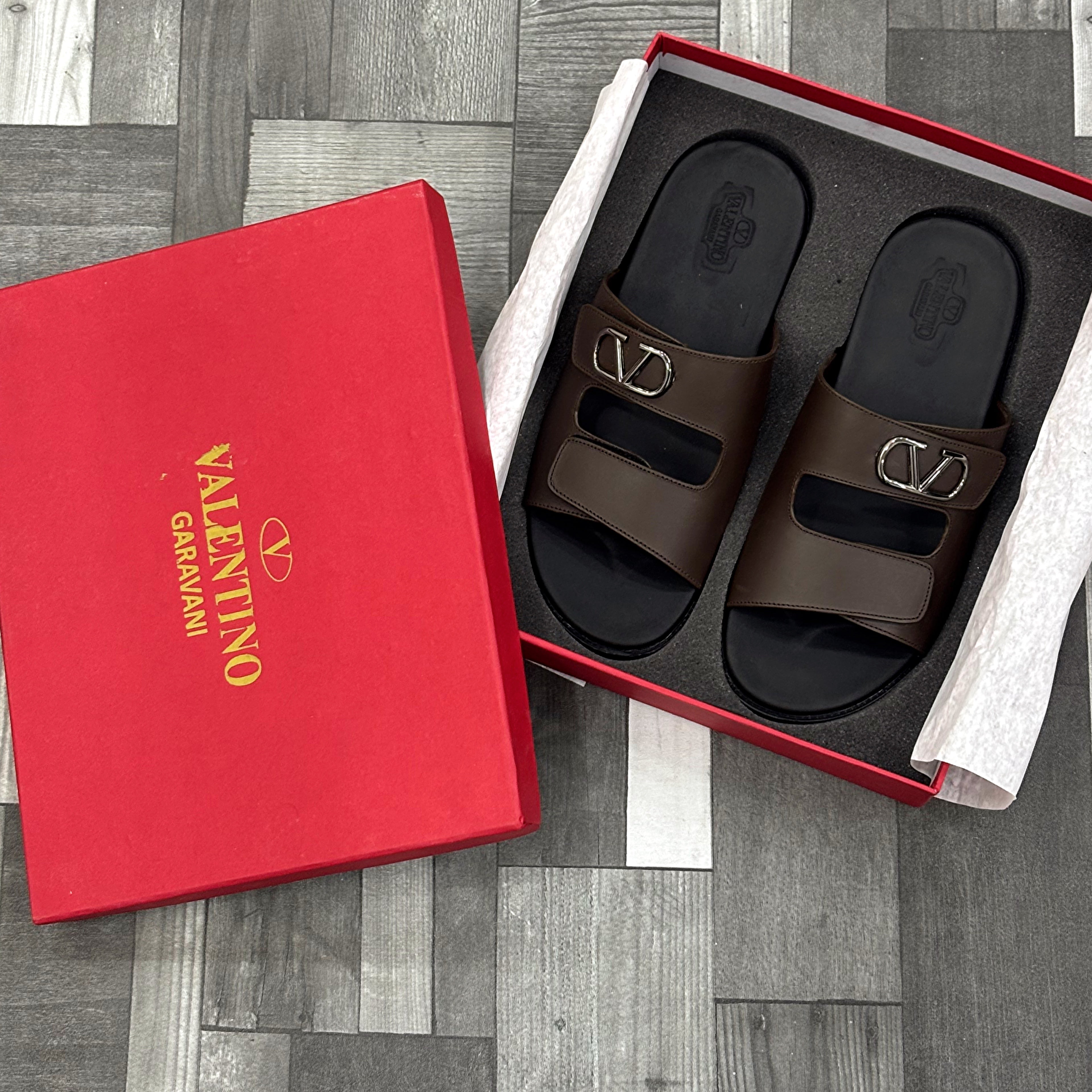 Vltn Leather Slides (Dark Brown) Genuine Cow Leather