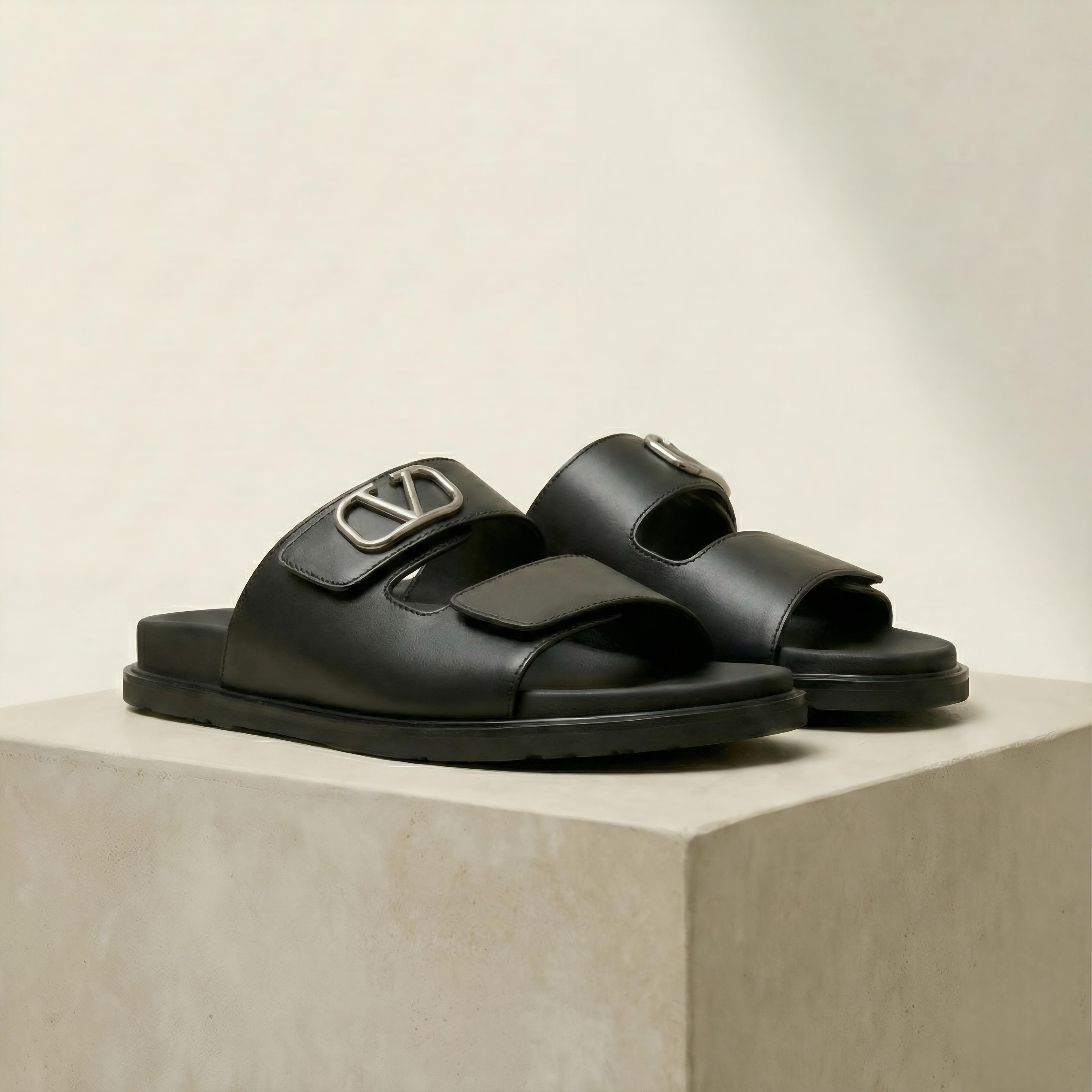 Vltn Leather Slides (Black) Genuine Cow Leather