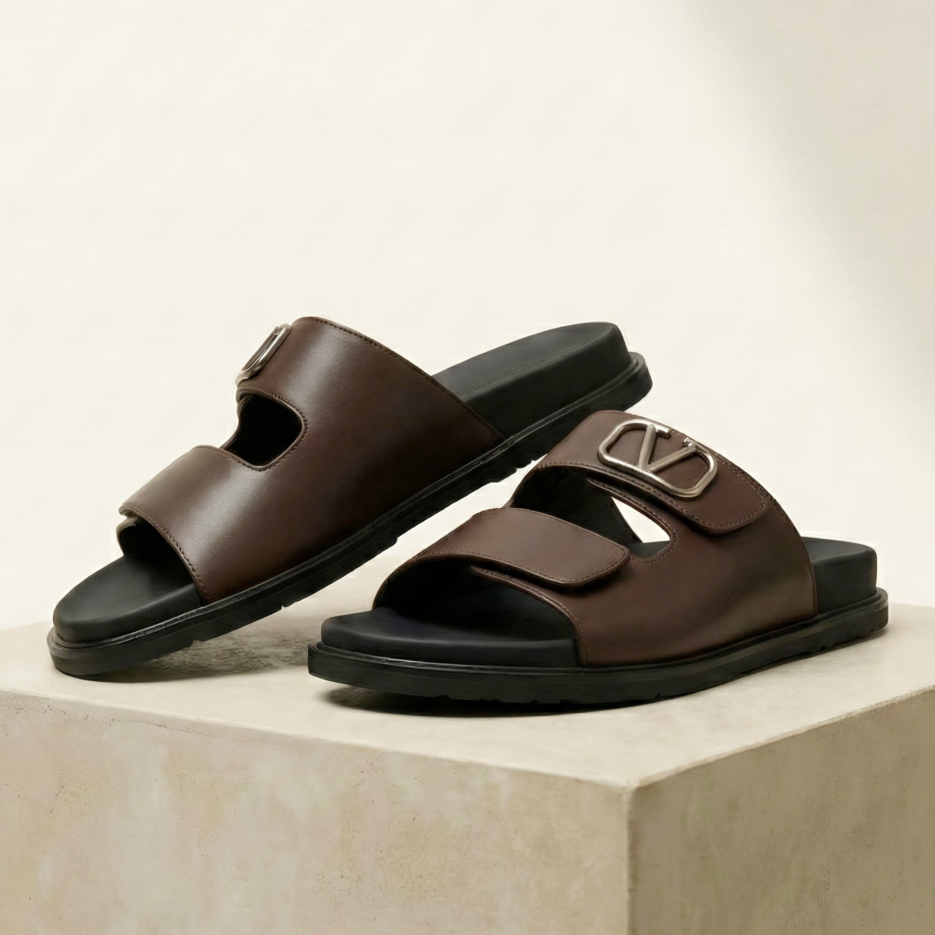 Vltn Leather Slides (Dark Brown) Genuine Cow Leather