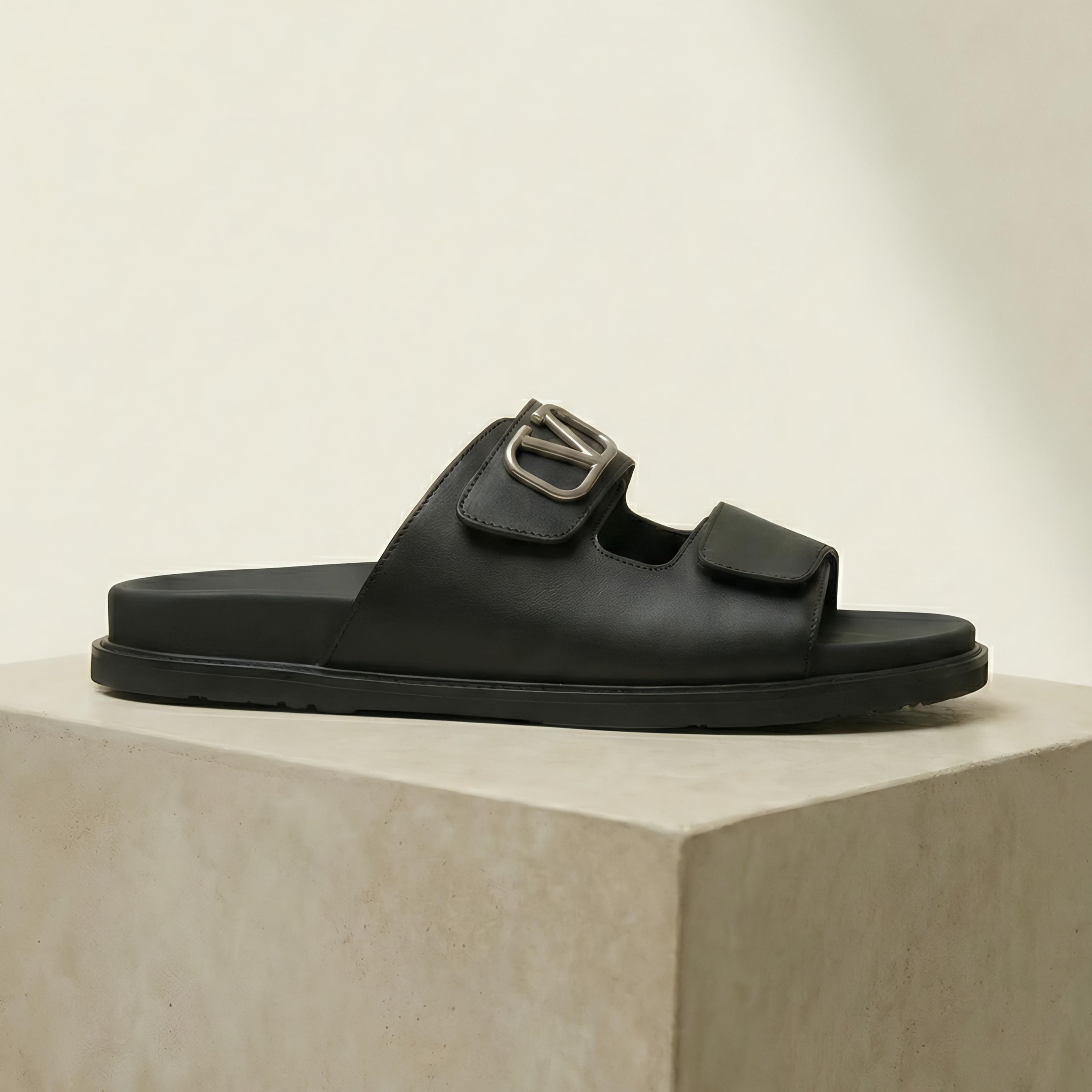 Vltn Leather Slides (Black) Genuine Cow Leather