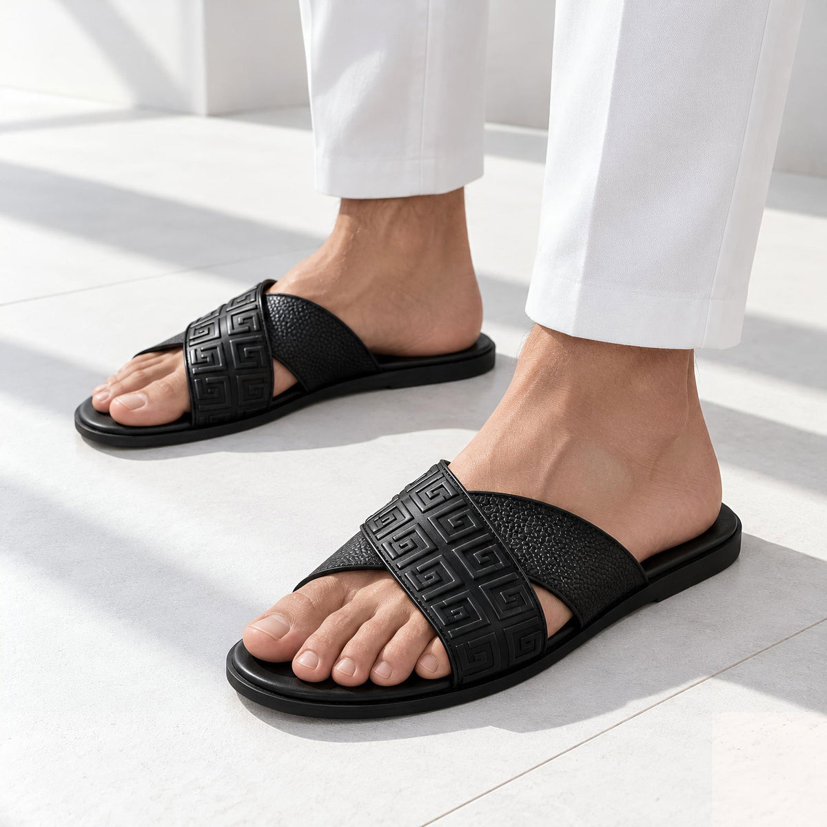 Greca Pattern Slides (Black) - ShoesRepublic 