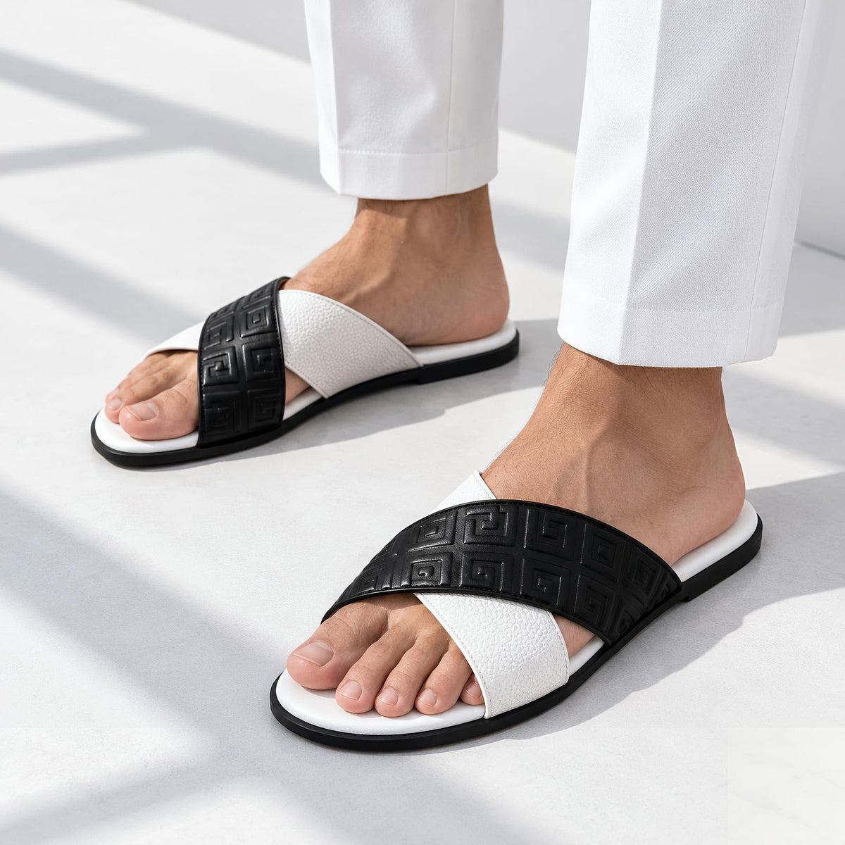 Greca Pattern Slides (White Black) - ShoesRepublic 