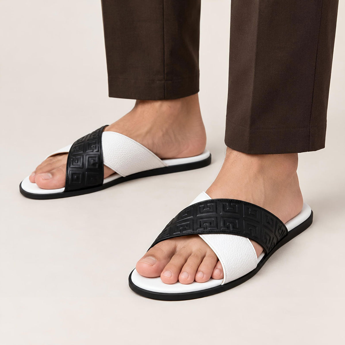 Greca Pattern Slides (White Black) - ShoesRepublic 