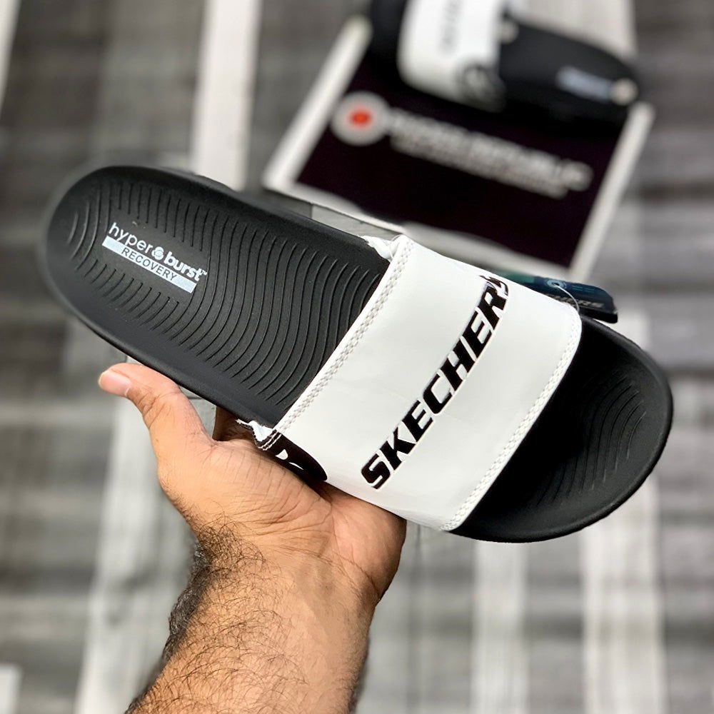 Skechers Hyperrbursst Recovery Logo Slide “Black White” - ShoesRepublic 