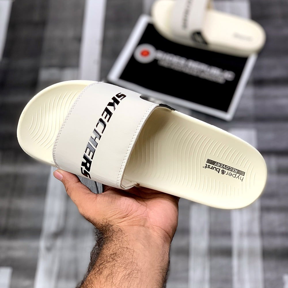 Skechers Hyperrbursst Recovery Logo Slide “Cream" - ShoesRepublic 