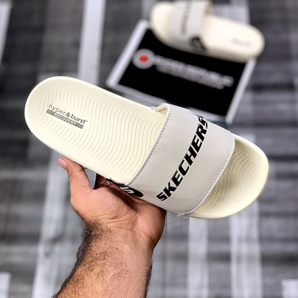 Skechers Hyperrbursst Recovery Logo Slide “Cream" - ShoesRepublic 